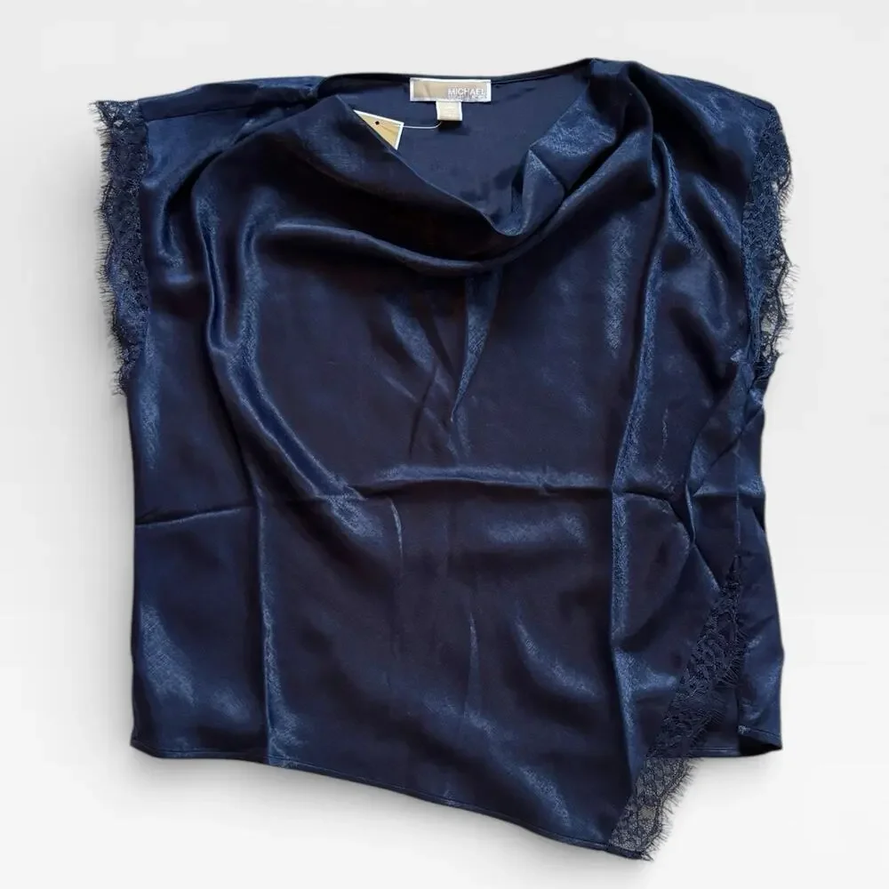 Michael Kors Satin Lace Trim Top Navy Blue Sleeveless Blouse Size L NWT $98